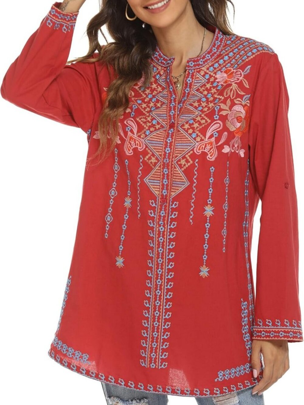 Bohemian Floral Embroidered V-Neck Tunic Top - Long Sleeve Casual Blouse